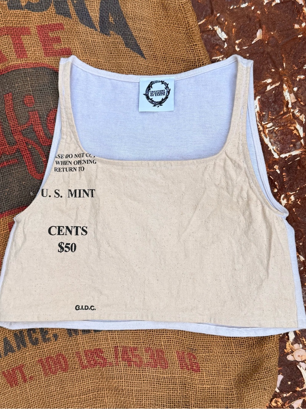 Handmade vintage bank bag crop top